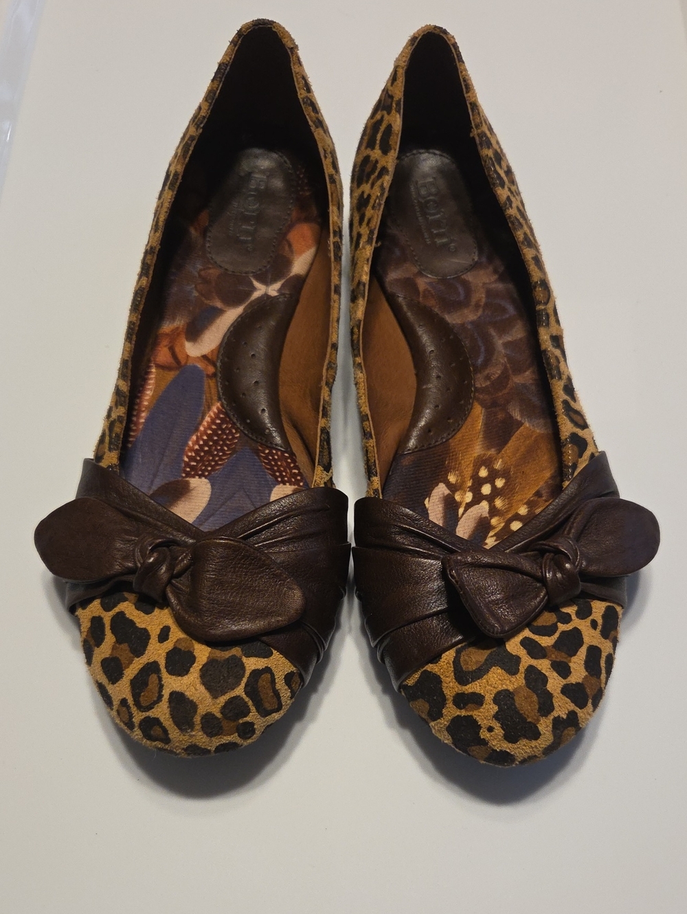 Born Leather Leopard Print Ballet Flats with Brown Bow - Women's